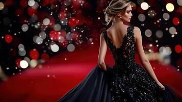 A woman in a black dress is standing on a red carpet photo