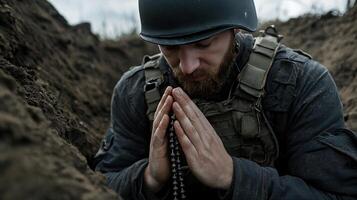 A man in a military uniform is kneeling down and praying photo