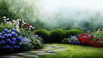 A painting of a garden with a path and flowers photo