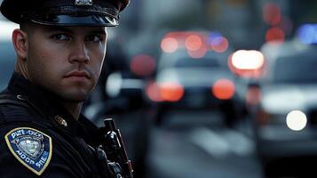 A police officer standing in the middle of a busy street photo