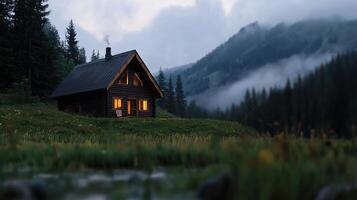 A cabin in the mountains with a foggy sky photo