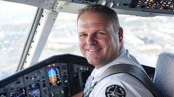 A smiling man in a pilot's uniform sitting in the cockpit photo