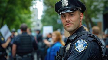 A police officer standing in front of a crowd photo