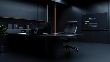 A dark room with a desk and a chair photo