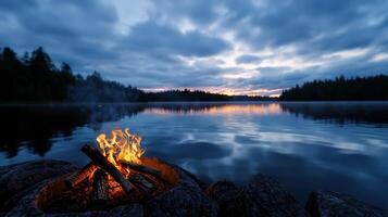 A fire is burning in a fire pit by a lake photo