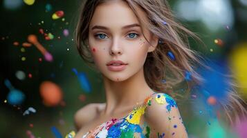 Beautiful girl with colorful paint splattered on her face photo