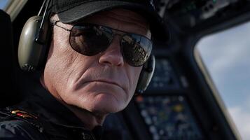 A man in sunglasses and a hat is sitting in the cockpit of a helicopter photo