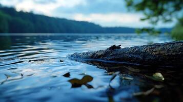 A log on the edge of a lake with trees in the background photo