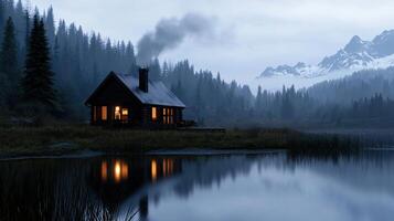 A cabin sits on the edge of a lake at night photo