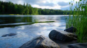 A lake with rocks and grass in the foreground photo