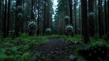 A forest with a path and a bunch of viruses floating in the air photo