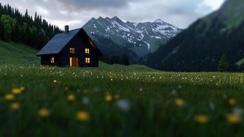 A small cabin in the middle of a field photo