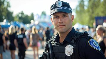A police officer standing in front of a crowd photo