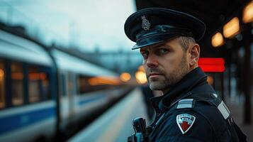 A man in uniform standing in front of a train photo