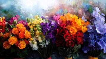 A bouquet of flowers with a variety of colors including yellow, orange, red photo