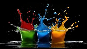 Three colorful drinks are splashing in the water photo