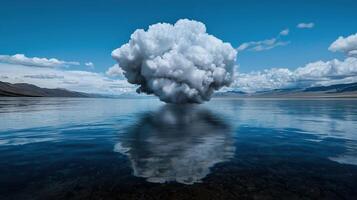 A cloud floating in the water with mountains in the background photo