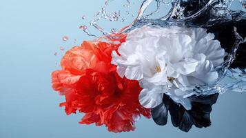 A flower with red and white petals is floating in water photo