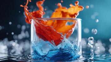 A glass with red and blue liquid splashing into it photo