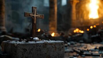 A cross is on a stone slab in a dark, burnt out room photo
