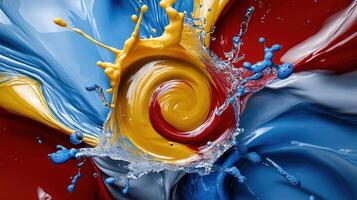 Colorful liquid splashes on a red, yellow and blue background photo