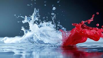 Red and white liquid splashing on water photo