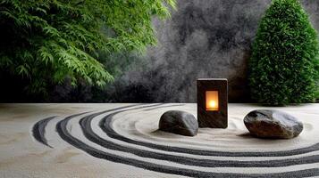 A small lantern sits on a rock in a sand circle photo