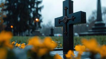 A black cross is on a cemetery with yellow flowers photo
