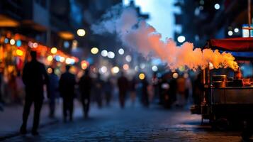 A blurry image of a city street with a man smoking a cigarette photo