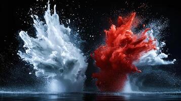 Two red and white splashes are shown on a black background photo