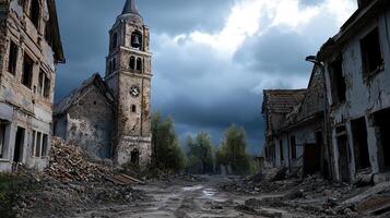 A desolate town with a large clock tower in the center photo