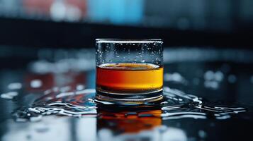 A glass of liquor is sitting on a table with water droplets around it photo