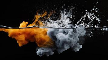 An orange and white smoke is being thrown into water photo