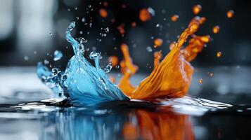 Two orange and blue water drops splashing into each other photo