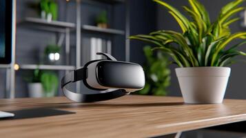 A virtual reality headset sits on a desk next to a potted plant photo