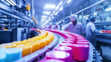 Workers in clean uniforms operate machinery along a vibrant production line, crafting colorful soap bars in a well-lit factory environment photo