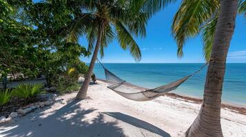A hammock swings gently between two palm trees on a sandy beach. The tranquil atmosphere is enhanced by the turquoise water and sunny blue sky, perfect for relaxation photo