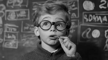 A curious boy wearing glasses stands thoughtfully in front of a chalkboard covered in math equations. He bites a pencil lightly, deep in concentration about his studies photo