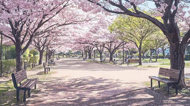 Cherry blossom trees create a canopy of pink petals over a serene park pathway. The sun filters through branches, casting soft shadows on benches and grass photo