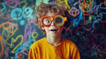 A young child stands against a wall covered in colorful chalk drawings. His curly hair and oversized glasses add to his playful expression of surprise, capturing a moment of joy and creativity photo