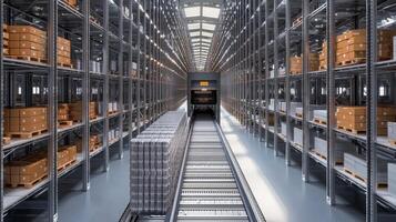 A spacious automated warehouse filled with metal shelving units. Pallets of goods are neatly arranged, while a conveyor system transports items towards a loading area photo