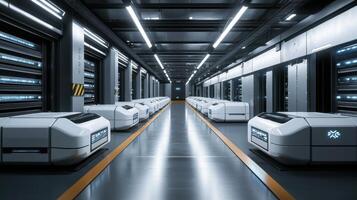 A sleek, modern storage facility houses several automated delivery robots aligned in neat rows. The facility is illuminated with bright overhead lights and features a high-tech design photo