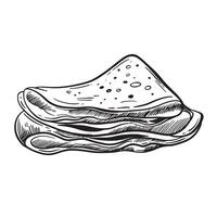 A pancake folded in a triangle. graphic drawing of a pancake. Outline sketch. hand-drawn illustration. On white background. Great for menus, posters or stickers, for cooking recipes, books, magazines vector