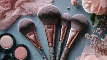 A set of five makeup brushes is displayed on a soft blue surface, accompanied by blush and highlighter compacts, creating a beauty-themed layout perfect for inspiration photo