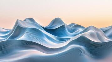 A breathtaking digital art piece showcases smooth, wave-like formations in shades of blue, illuminated by a soft dawn light. The textures create a serene, otherworldly atmosphere photo