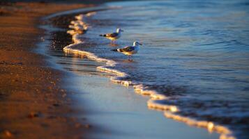 Two seagulls standing on the beach near the water photo