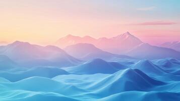 3d rendering of mountains and water at sunset photo
