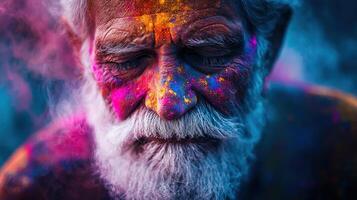 An old man with a beard and white hair is covered in colored powder photo
