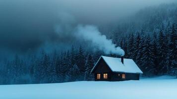A rustic cabin sits peacefully in a blanket of snow, with warm light glowing from its windows. Smoke gently rises from the chimney, blending with the twilight sky and surrounding trees photo