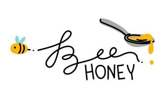 inscription is Bee honey with a bee and a spoonful of honey. The natural sweetness and purity of honey. It is ideal for packaging food, healthy lifestyle products or environmentally friendly products. vector